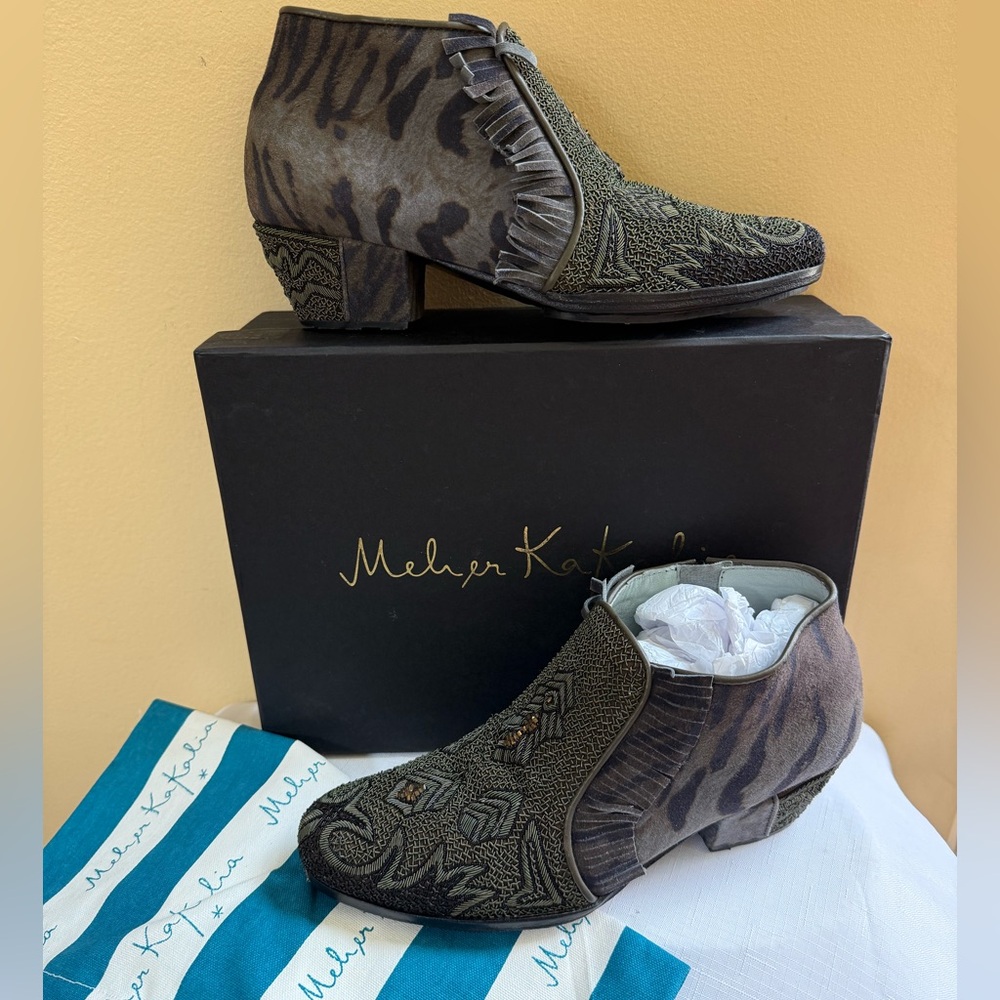 MEHER KAKALIA “Dora” Heel Fringe Leather Embroidered Bootie, Sz 40, NWT